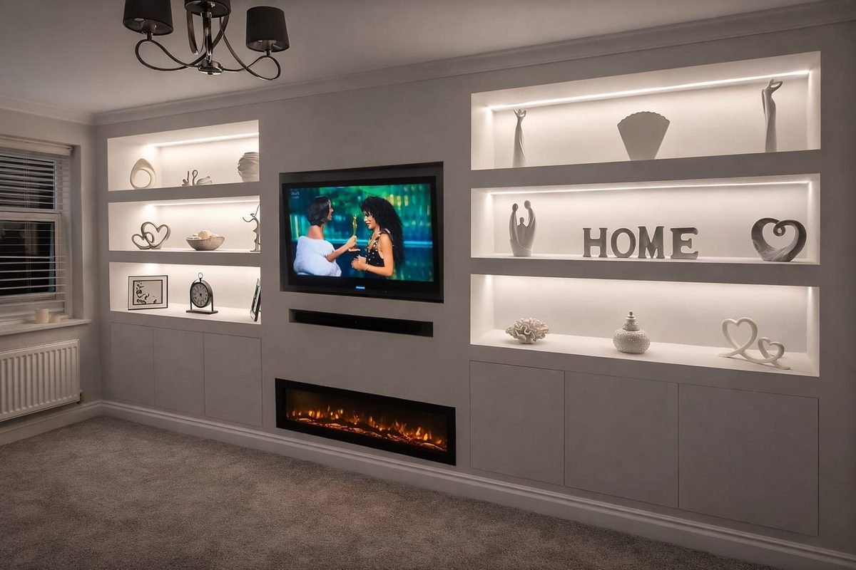 Bespoke fitted media wall with built-in storage by North West Fitted Furniture